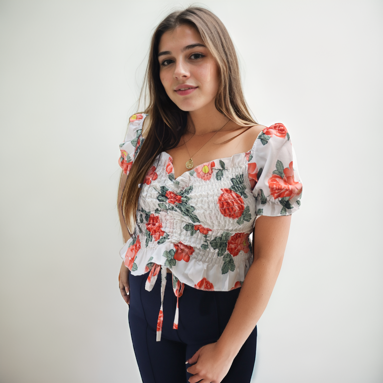 Blusa con estampado Floral Blanco con Salmón