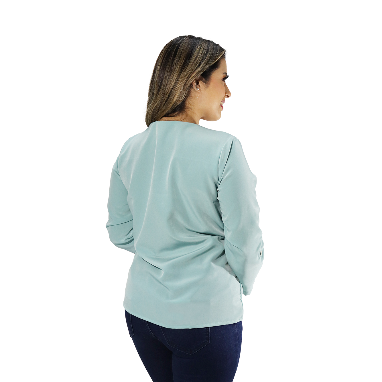 Blusa manga larga con cuello en V color verde aqua